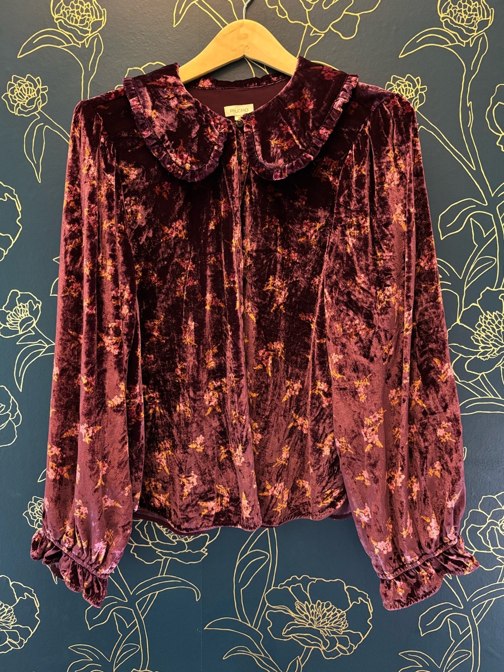Pilcro ANTHROPOLOGIE velvet KEIRA floral RUFFLE COLLAR top purple ROMANTIC xl - Picture 2 of 11